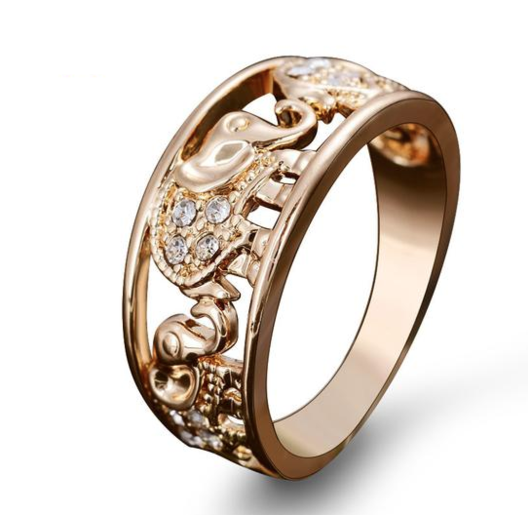 Elephant elegant Gold Plated CZ Diamond Ring for luck, fortune, protection and beauty - aleph-zero