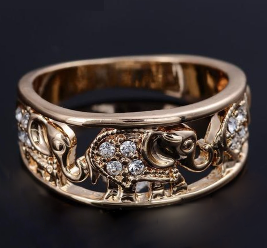 Elephant elegant Gold Plated CZ Diamond Ring for luck, fortune, protection and beauty - aleph-zero