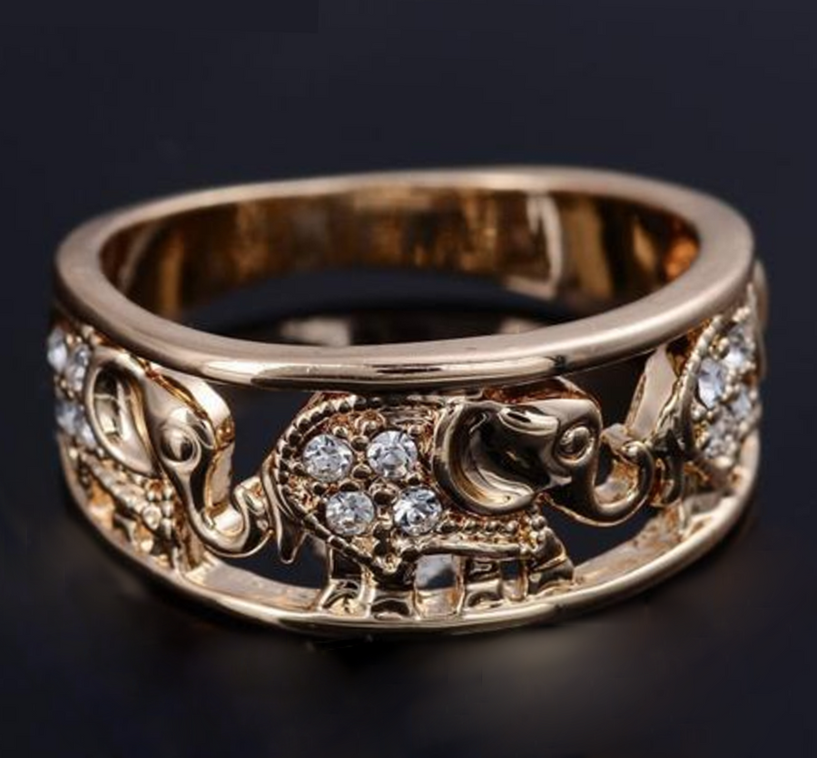 Elephant elegant Gold Plated CZ Diamond Ring for luck, fortune, protection and beauty - aleph-zero