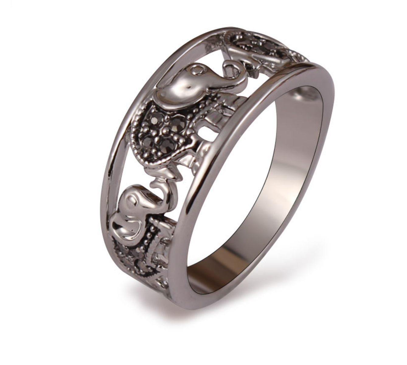 Vintage Elephant Ring, 18K White Gold Plated, Black Rhinestones - aleph-zero