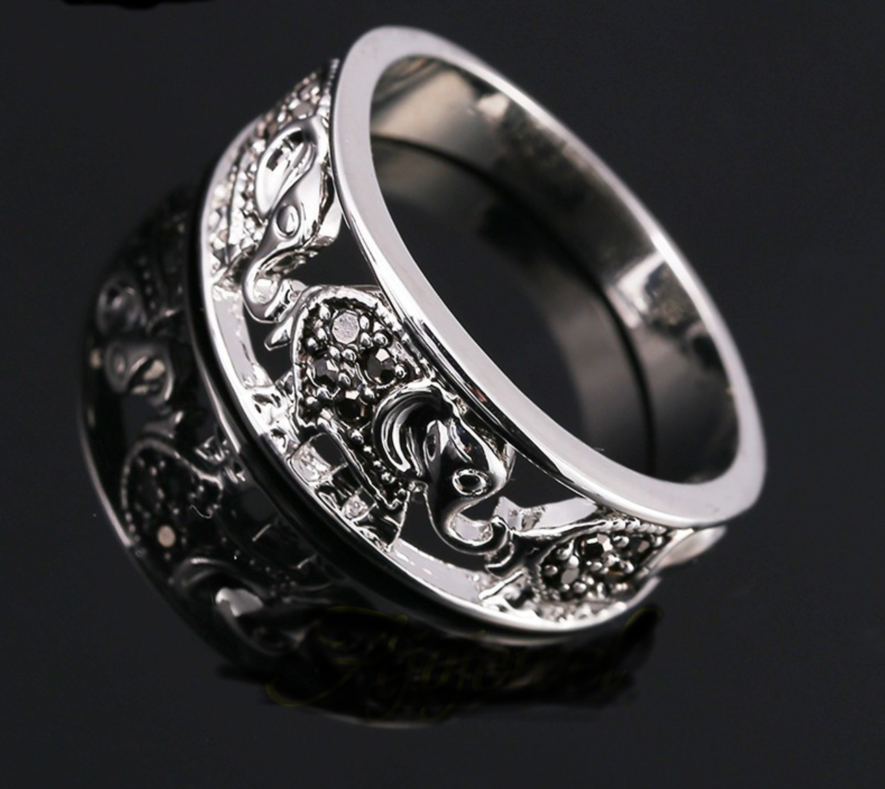 Vintage Elephant Ring, 18K White Gold Plated, Black Rhinestones - aleph-zero