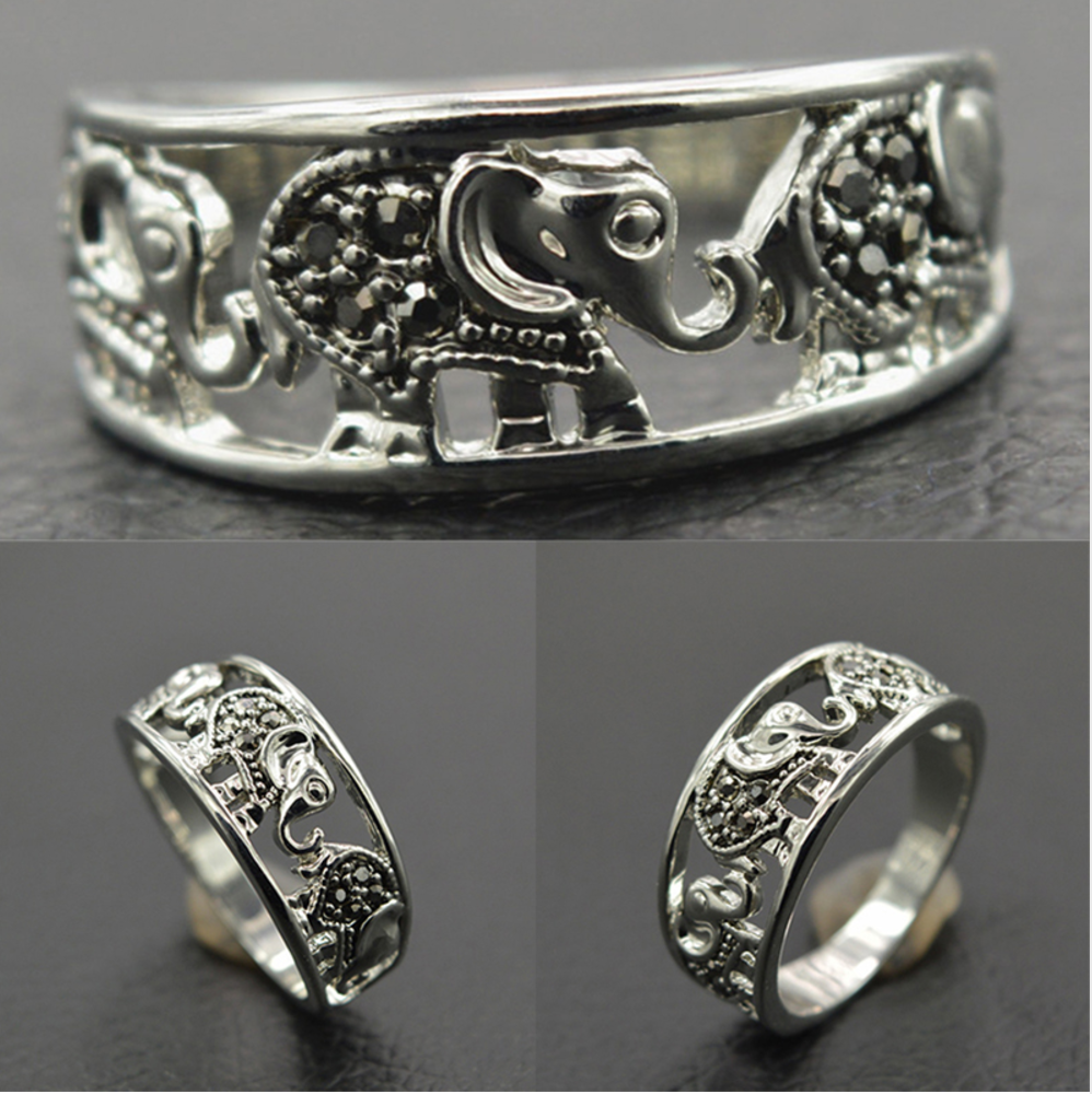 Vintage Elephant Ring, 18K White Gold Plated, Black Rhinestones - aleph-zero