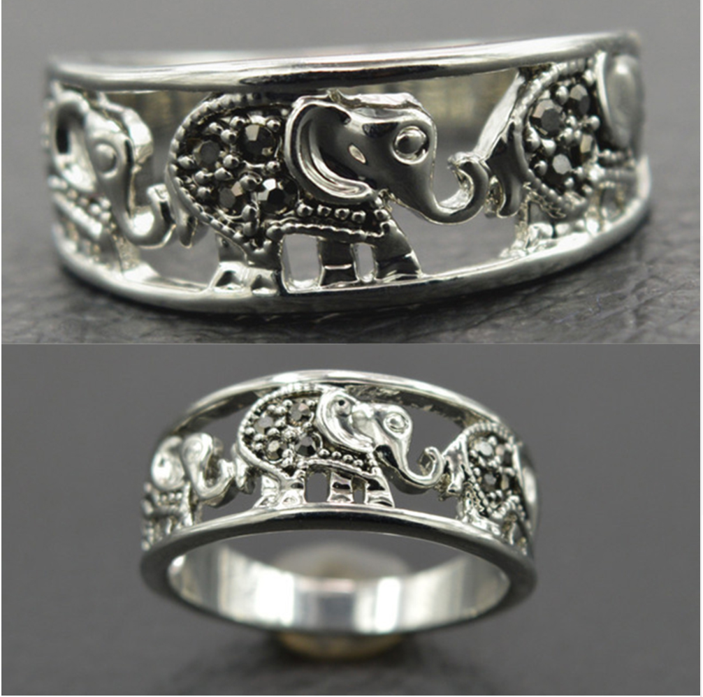 Vintage Elephant Ring, 18K White Gold Plated, Black Rhinestones - aleph-zero