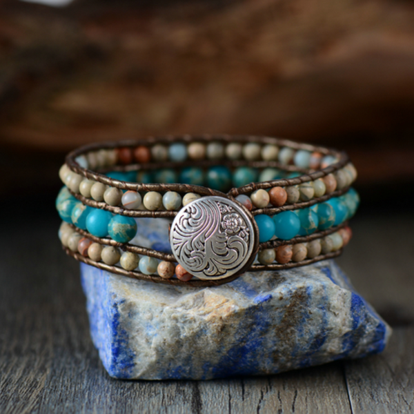 Handmade inspirational leather bracelet -Unique Japser Stone - aleph-zero