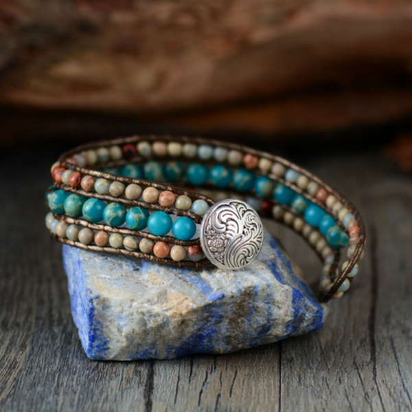 Handmade inspirational leather bracelet -Unique Japser Stone - aleph-zero