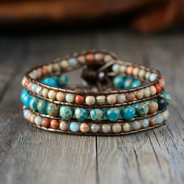 Handmade inspirational leather bracelet -Unique Japser Stone - aleph-zero