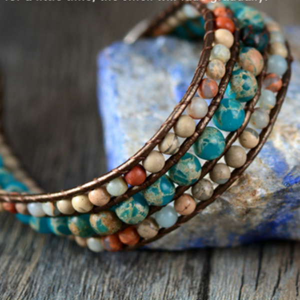 Handmade inspirational leather bracelet -Unique Japser Stone - aleph-zero