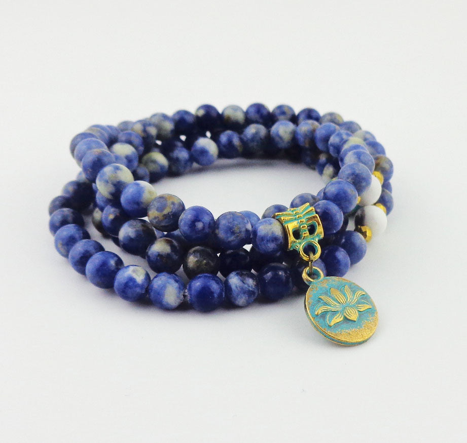 Yoga Natural sodalite 108 Mala Beads with lotus Necklace Strands - aleph-zero