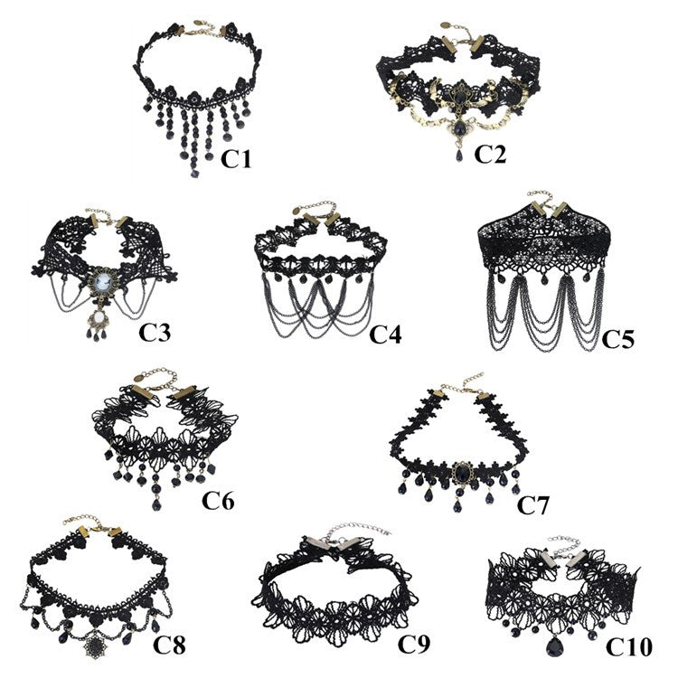 Sexy Gothic Neck Chokers, Crystal, Black Lace - aleph-zero