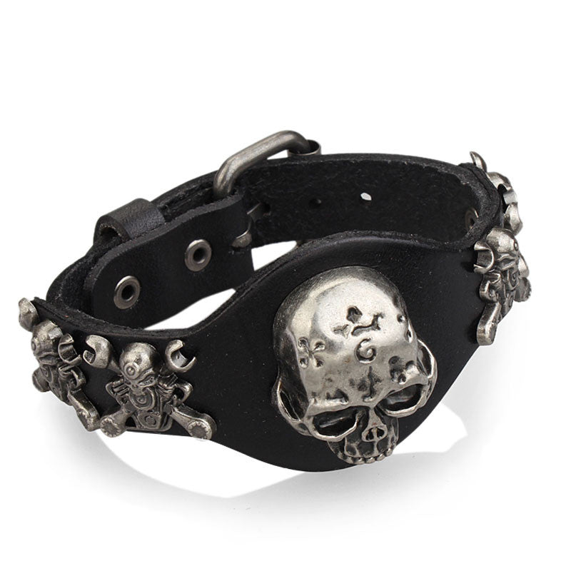 Evil Skull Genuine Leather Wrap Ride Bracelet - aleph-zero