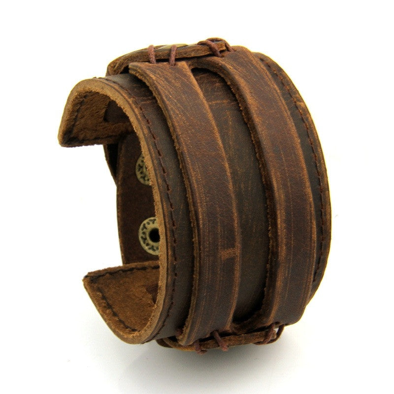 Leather Cuff Double Wide Bracelet and Rope Bangles - aleph-zero