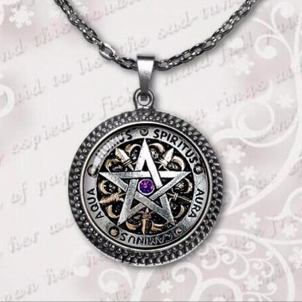 Wiccan Protection magick Pentagram Glass Dome Necklace - aleph-zero