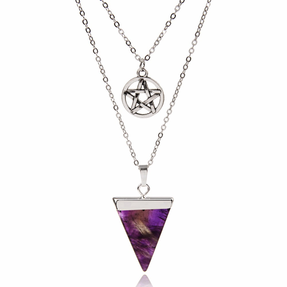 Wiccan Chakra Multi Layer Pentagram Pentacle Crystal Necklace - aleph-zero