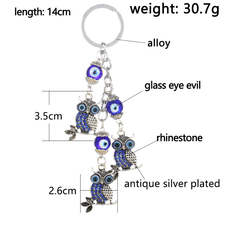 Antique Vintage Silver Owl Keychain Blue Glass Bead - aleph-zero