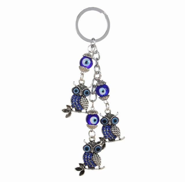 Antique Vintage Silver Owl Keychain Blue Glass Bead - aleph-zero