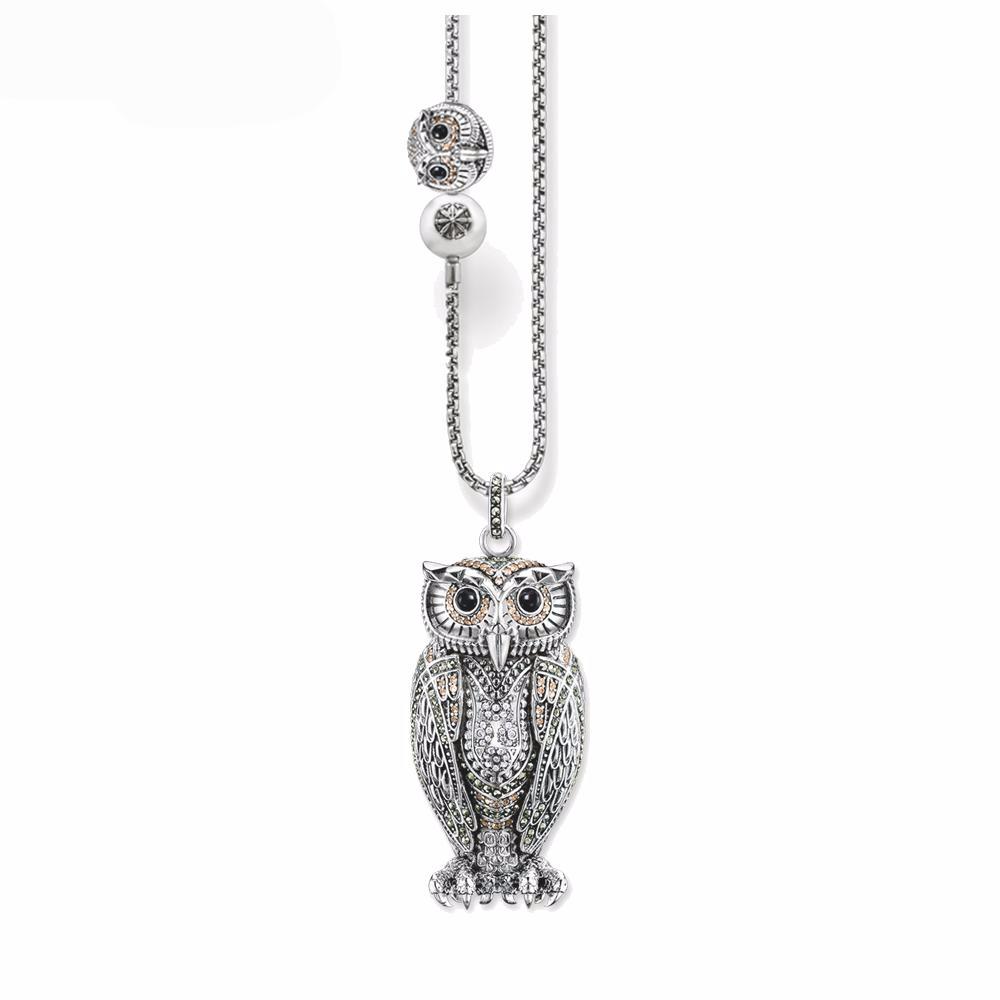 Big Owl and Small Owl Blackened Silver Necklace, 925 Sterling Silver with Zircon - aleph-zero