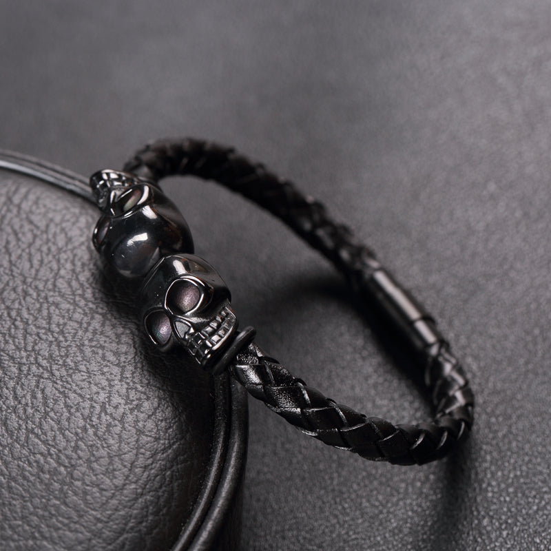Skull Black Braided Leather Bracelets - aleph-zero
