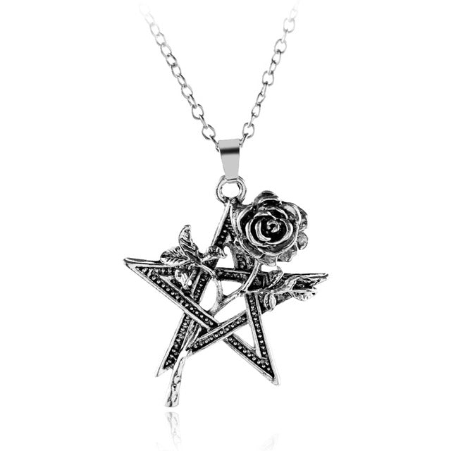 Black rose pentagram pendant necklace