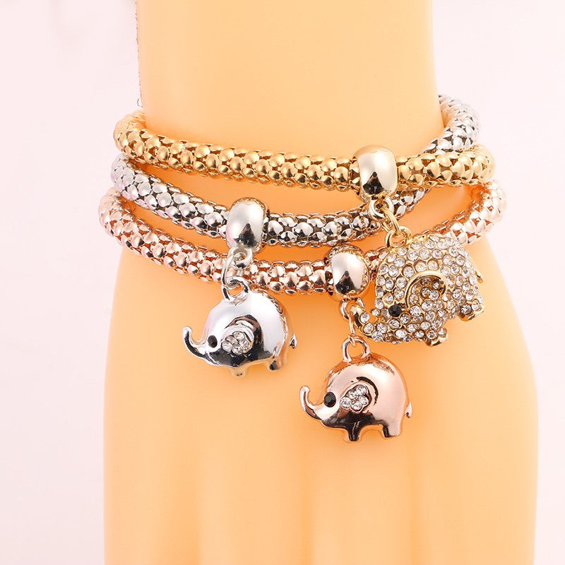 Vintage Gold Plated Multilayer Bangles Charms Elastic Crystal Elephant Pendant - aleph-zero