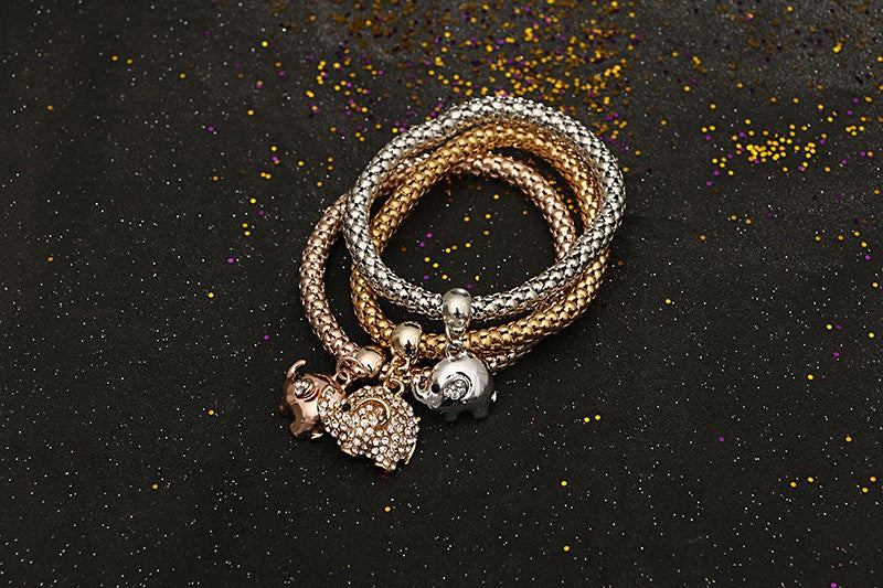 Vintage Gold Plated Multilayer Bangles Charms Elastic Crystal Elephant Pendant - aleph-zero