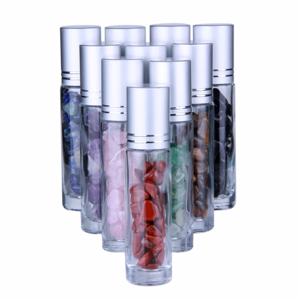 10pcs Natural Gemstone Essential Oil Roller Ball Bottles, Transparent Glass 10ml Healing Crystal Chips Inside
