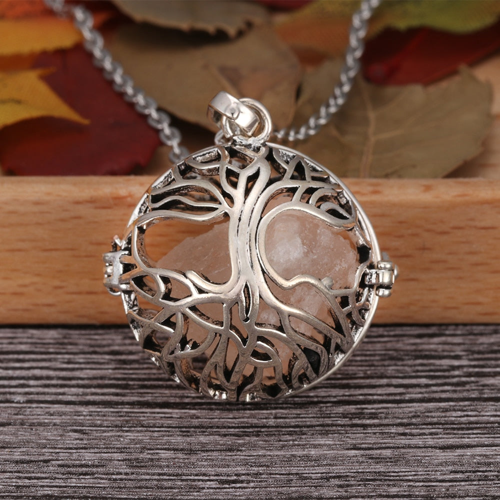 Tree of Life Locket with Natural Salt Crystal Necklace