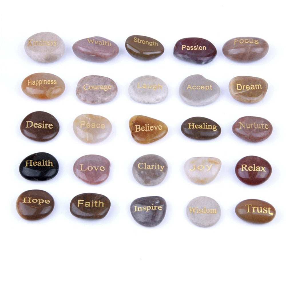 Natural Engraved River Stones Set, Carved Inspire Words - 25pcs