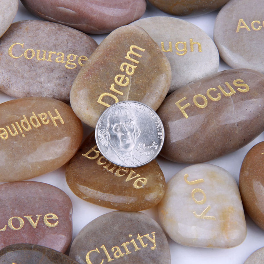 Natural Engraved River Stones Set, Carved Inspire Words - 25pcs