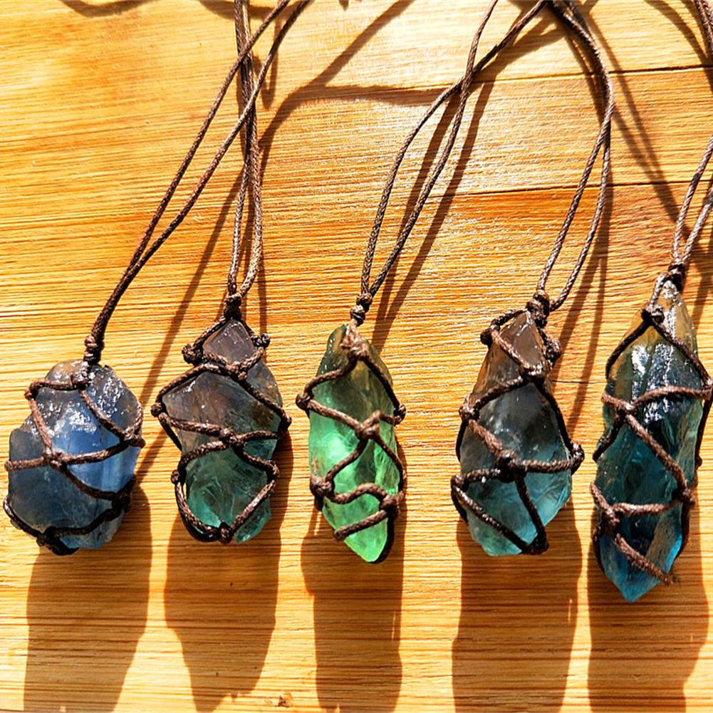 Natural Quartz Crystal Stone Blue-green Fluorite With Hand-woven Braided Rope