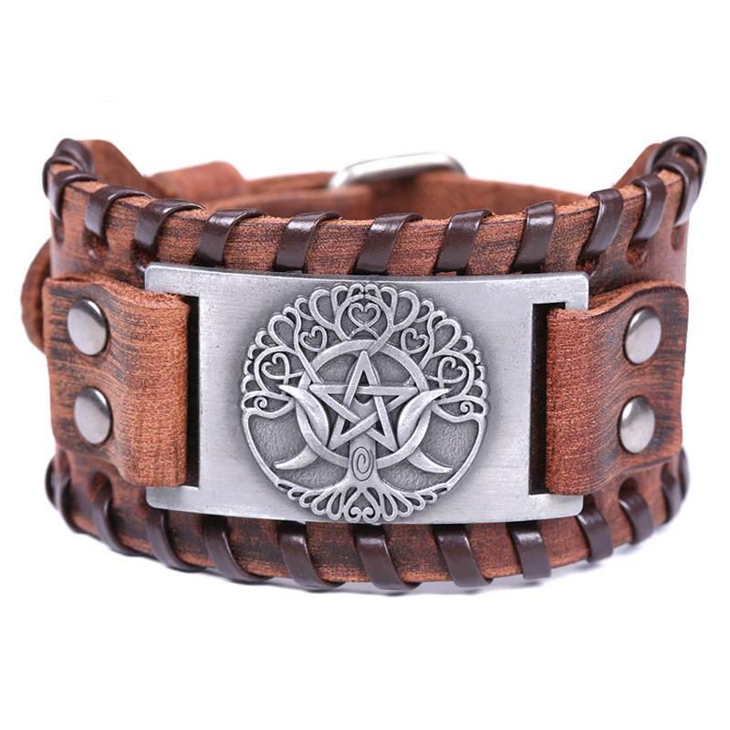 Wicca Tree of Life Triple Moon Goddess Leather Bracelet
