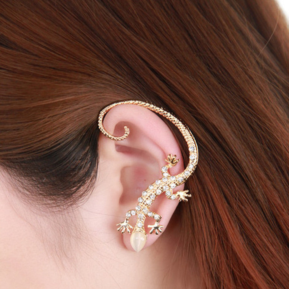 Lizard Reptile stud earrings, Rhinestone, rose gold - aleph-zero