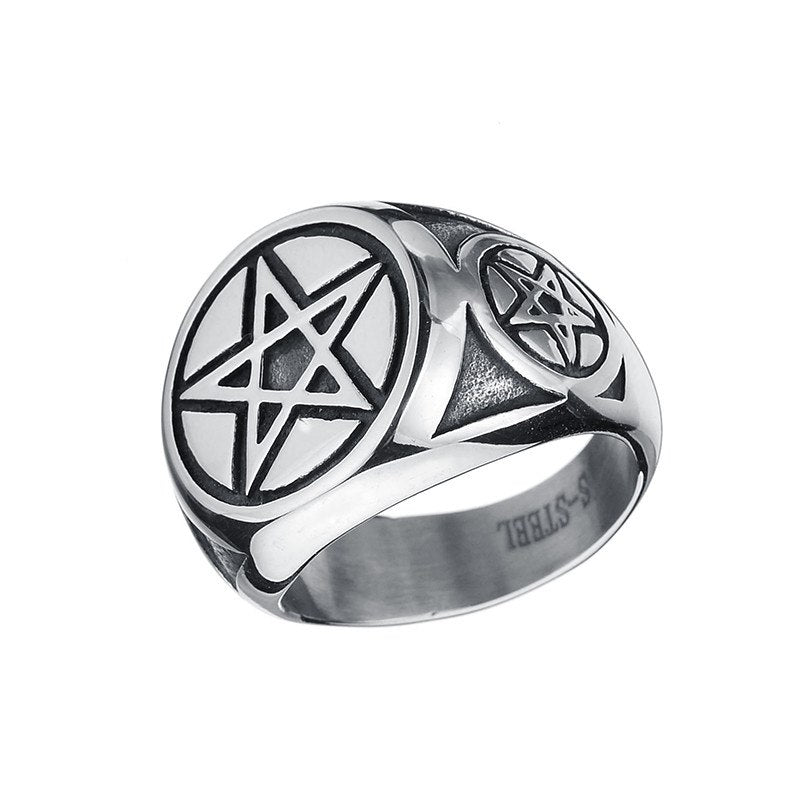 Pentagram Circle Mens Silver 316L Stainless Steel Ring