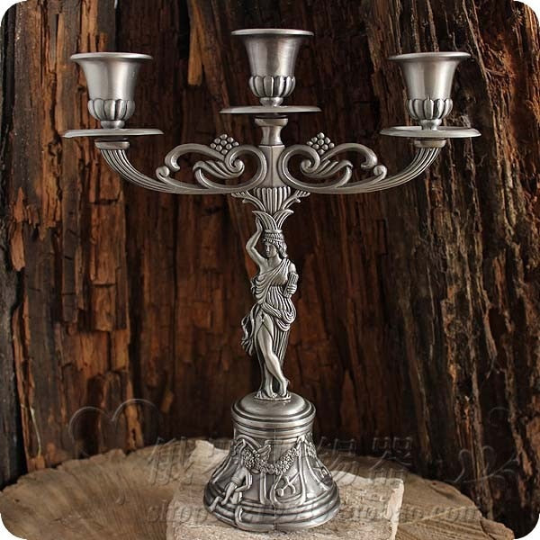Tin Candlestick  three Ancient goddess
