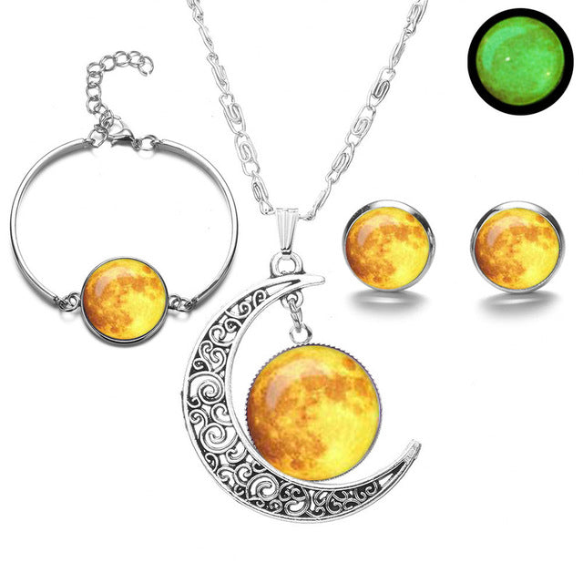Crescent moon Glow-in-the-dark Set (Necklace, Earring, Bracelet )
