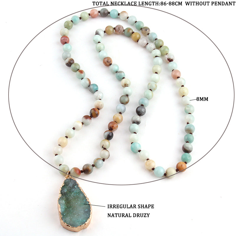 Bohemian long Knotted Amazonite Natural Druzy Drop  Necklace