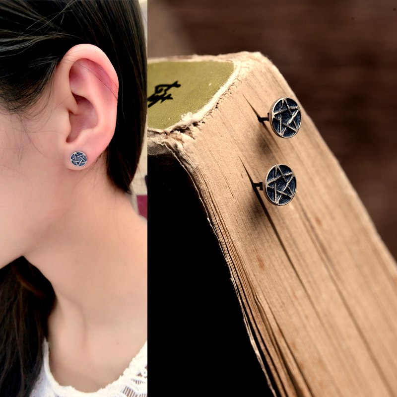 Five Pointed Pentacle Pentagram Silver Stud Earrings